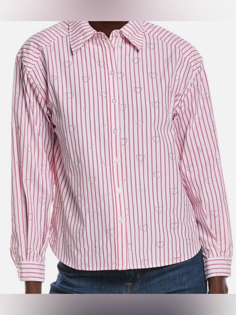 Nanette Lepore Rhinestone Heart Pink Stripe Button Collar Long Sleeve Top (S)
